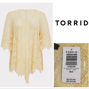 🆕TORRID - 00/0X M/L - YELLOW LACE KIMONO CARDIGAN / KAFTAN - NWT